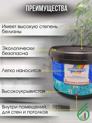 Акриловая краска белая для стен и потолков Диамант 2,5 л (белая-матовая) фото 2